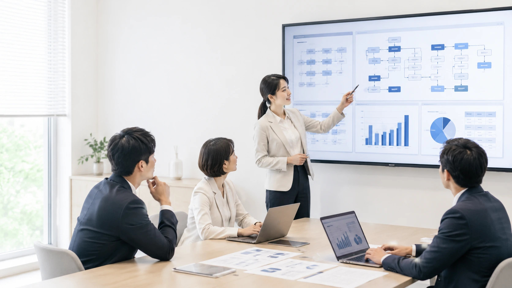 業務フローやダッシュボードを見ながらAI活用全体を検討する法人チームの会議風景